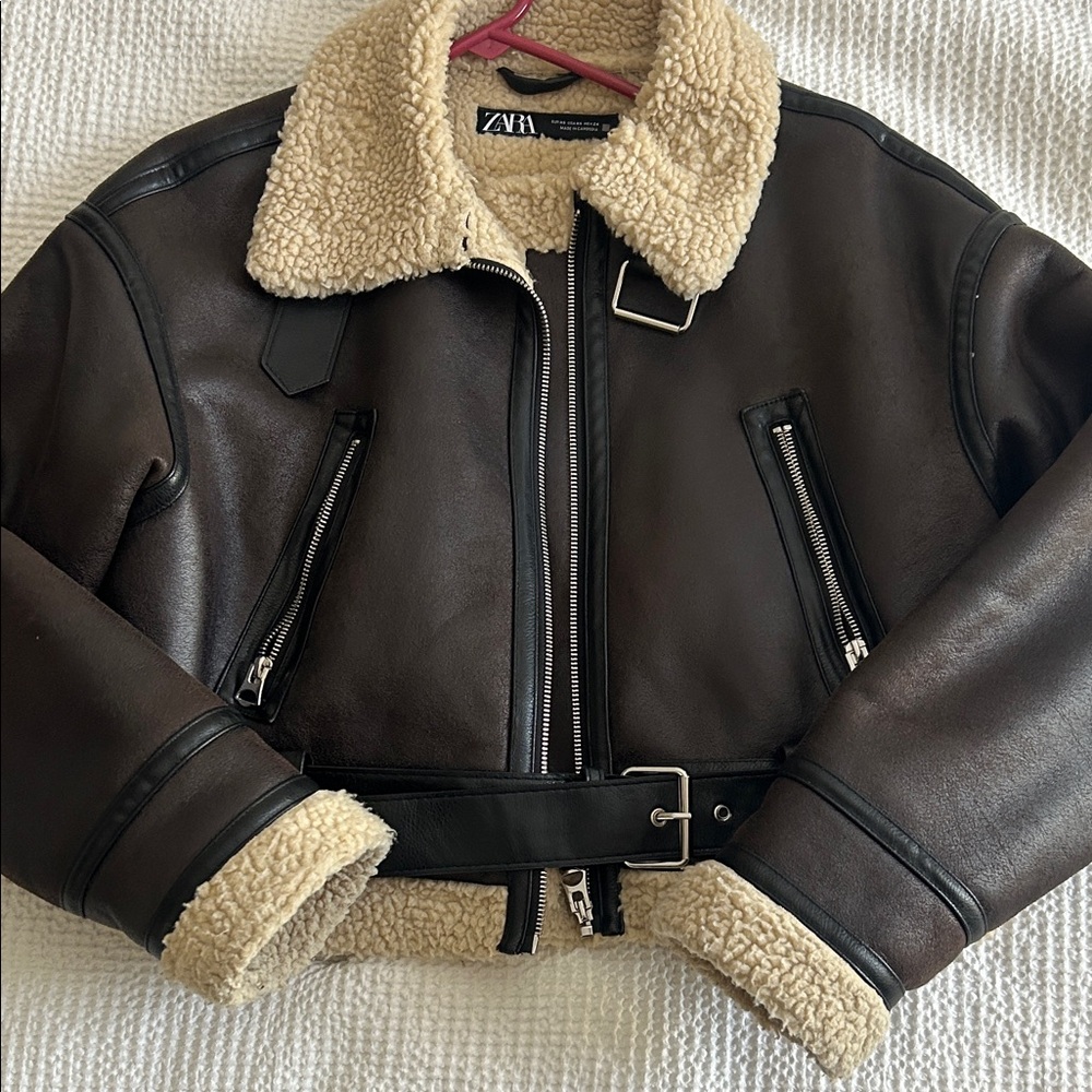 Zara Dark Brown Leather Jacket with Shearling